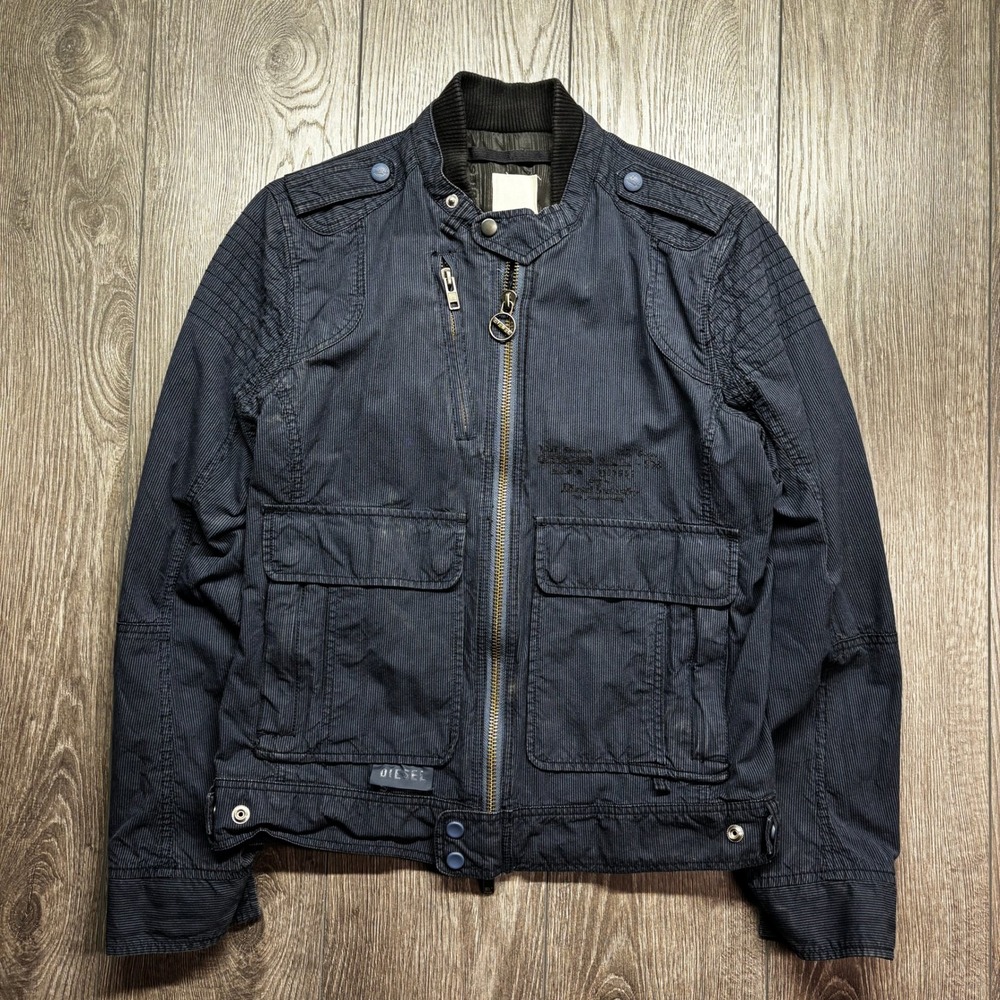 Diesel Mens Navy Blue Pinstripe Military Bomber Jacket Y2K Goggle Graphic Large